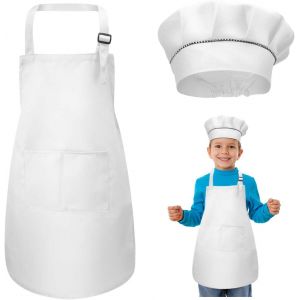 Loranka-Tablier Enfant Et Chapeau De Chef Set, R&eacute;glables Tabliers De Cuisine Avec 2 Poches Pour Filles Gar&ccedil;ons, Bambin Tablier De Chef De Jardin Pour Cuisson Peinture L'artisanat (7-13 Ans) - Neuf