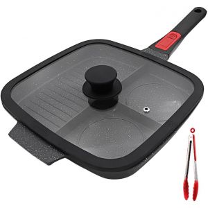 Subzonal-Po&ecirc;le Grill Avec Poign&eacute;e Amovible Et Couvercle, Po&ecirc;le Antiadh&eacute;sive 3 En 1 En Aluminium Skillet Gril Carr&eacute;e Pour Tous Feux Dont Induction - Noir - Neuf