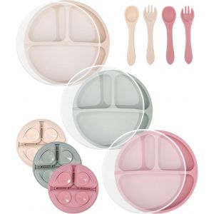 Kal-Lot De 3 Assiette Ventouse Pour Bébé, 3 Couvercles, 2 Cuillères, 2 Fourchettes,Ensemble D'alimentation Pour Bébés En Silicone Sans Bpa,Pour Les Tout-Petits Et L'auto Alimentation (Rose) - Neuf