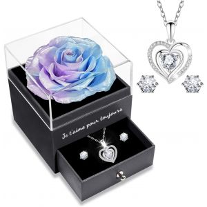 Rose Eternelle Avec Bijoux Argent 925,Collier Coeur Boucles D'oreilles,Coffret Cadeau Femme,Rose Pr&eacute;serv&eacute;e Avec Collier,Cadeau Anniversaire Femme,Amour Cadeau,Fete Des Meres,No&euml;l,Saint-Valentin - Neuf