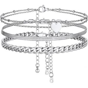 3 Pièces De Bracelets Cheville Femme En Acier Inoxydable, Chaîne Cheville Maille Gourmette 5mm Chaîne De Pied Maille Mirroir 3mm Bracelet Cheville Coeur Double Chaîne - Neuf