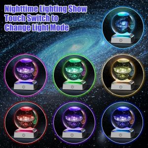 Cheng-Boule De Cristal 3d Avec Système Solaire 3d, Planète, Boule De Cristal En Verre Avec Base De Veilleuse Led Colorée De 8 Cm, Veilleuse De Nuit, Lampe Décorative Pour Noël, Thanksgiving, Saint-Va - Neuf