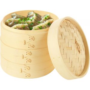 Subzonal-Panier Vapeur En Bambou De 20,3 Cm, Panier Vapeur En Bambou &Agrave; 3 Niveaux, Panier Vapeur Avec Couvercle, Cuiseur Vapeur Dim Sum 20,3 Cm Pour L&eacute;gumes, Raviolis, Viande Et Poisson (20 Cm) - Neuf