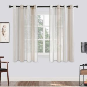 Eryi-2 Pièces De Rideaux Voilage Blanc Et Beige 140x122 Cm Fils Teints Rayé À Oeillets Rideau Cuisinetamisant Élégant Pour Porte-Fenêtre Décoration De Salon Chambre Baie Vitrée - Neuf