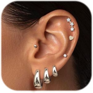 Kal-Paires De Boucles D'oreilles Cr&eacute;oles Hypoallerg&eacute;niques Plaqu&eacute;es Or 14 Carats Pour Femme, En Acier Chirurgical 316l, &Agrave; Dos Plat, Pour Piercings Multiples, Bijoux Cadeau, Or Et Argent - Neuf