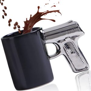 Eryi-Tasse A Cafe Avec Poignée De Pistolet, Tasse Cappuccino Porcelaine, Mug Pistolet Personnalisé, Tasse A The De Bureau Créatif, Mug Fête Des Pères, Idee Cadeau Homme, 400ml (Noir & Argent) - Neuf