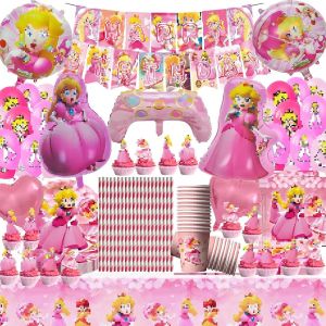 145pcs Decoration Anniversaire Peach,Princess Party Vaisselle,Princess Vaisselle D'anniversaire Pour Enfant,Vaisselle Th&egrave;me D'anniversaire Set,Ballon Nappe Assiettes Tasse Serviettes - Neuf
