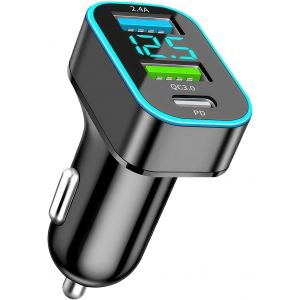 JGD-Chargeur Voiture USB 66W avec Allume-Cigare, Allume Cigare USB, Chargeur Allume Cigare USB QC3.0 + PD + USB 2.4A Prise Allume Cigare USB avec LED Voltm&egrave;tre, Compatible avec Smartphones et Tablett - Neuf