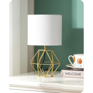 Eryi-Lampe De Chevet Avec Abat-Jour En Lin Blanc Et Base Doré Métallique En Forme De Diamant, E14 Ampoule Led Incluse De 2700k Blanc Chaud, Lampe De Table Moderne Pour Chambre, Bureau, Salon - Neuf