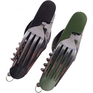 Lot De 2 Couverts De Camping 6 En 1 En Acier Inoxydable, Couverts Pliants, Couverts Amovibles Pour Randonn&eacute;e, Pique-Nique, Festival (Noir Et Vert) - Neuf