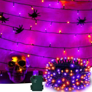 JGD-Guirlande lumineuse d'Halloween - Orange et violet - 5 m - 50 LED - Batterie avec 6 h de minuterie - &Eacute;tanche IP65 - Pour l'int&eacute;rieur et l'ext&eacute;rieur - Pour Halloween, f&ecirc;te, jardin - Neuf