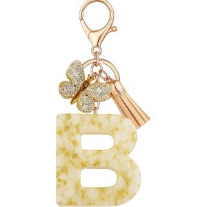 KAL-Porte-Cl&eacute;s Beige Avec Lettre Porte-Cl&eacute;s Fille Initiale Cadeau Femmes Porte-Cl&eacute;s Papillon D&eacute;corer Pour Sac Sac &Agrave; Dos Porte-Clef Gland Or Porte-Clef Femme A-Z - Neuf