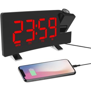 Réveil À Projection Avec Chargeur Téléphone Usb Radio-Réveil Avec 2 Sons D'Alarme/4 Gradateurs/Rotation À 180°/Grand Écran Led 5,5"" Rouge - Neuf
