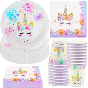 Mevronisshop-Lot De 52 Pi&egrave;ces De Vaisselle De F&ecirc;te Au Motif De Licorne, Pour Anniversaire, Avec Assiettes En Carton, Gobelets, Serviettes, Accessoires De Table Pour 16 Invit&eacute;s - Neuf