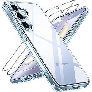 Anti-Jaunissement Hd Clair Coque Pour Samsung Galaxy S24 5g Avec 2 Pièces Verre Trempé, [Protection Militaire] Transparente Étui De Protection Antichoc Mince Bumper Housse (Bleu) - Neuf