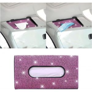 Rose - 1 boîte à mouchoirs en cristal et PU brillant pour pare-soleil de voiture, boîte à serviettes de maquillage pour pare-soleil à paillettes et strass pour femmes, - Neuf