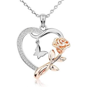 Kales-Collier Coeur Argent,Rose Fleur Pendentif C?ur Argent,Bijoux Pour Femmes Filles,Cadeau Pour Valentin Fête Des Mères Anniversaire Noël - Neuf