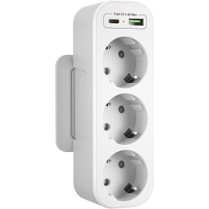 Multiprise Murale 3 Prises Verticale, Triplette Prise 16A Standard Euro, Electrique 2 USB, Chargeur Adaptateur Prise USB C Secteur Multiple, Blanc - Neuf