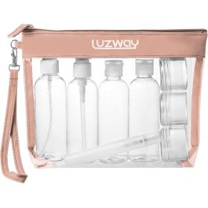 KALANKA-Trousse de Toilette Transparente + 8 Bouteilles Vide de Voyage pour Liquides(Max.100ml), Kit de Voyage pour l`Avion,Set de Voyage dans Bagages à Main, Sac Cosmétiques pour Hommes et Femmes - Neuf