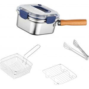 Mini Friteuse Carrée En Acier Inoxydable Avec Panier Pour Poisson Et Fritures, Couvercle Bleu - Neuf