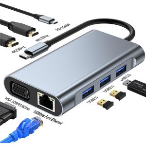 Station d'accueil USB C à Double HDMI,Adaptateur Multiport de Type C avec Double HDMI (4K@30Hz),1080P VGA,RJ45,100W PD,USB3.0,2 USB2.0,Hub 8 en 1 pour Dell HP MacBook Laptop (8 en 1 2HDMI+VGA).[M25] - Neuf