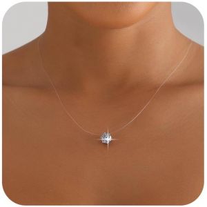 Kal-Pendentif En Cristal Vintage Collier Ras Du Cou En Strass Solitaire Minuscule Cha&icirc;ne Invisible Transparente Ligne De P&ecirc;che Cz Bijoux Pour Femmes (Cristal Rond) - Neuf