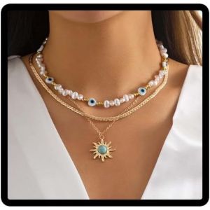 Kal-Sunflower Turquoise Collier Pendentif Or Vintage Fleur Plat Sequin Collier Perle Oeil Perles Collier Femme Et Fille Bijoux (Collier D'or B) - Neuf