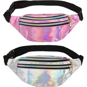 SJZG-2 Pi&egrave;ces Sac Banane Holographique Fille - R&eacute;glable, Imperm&eacute;able, Cuir Pu, Paillette - Pour Voyage, Randonn&eacute;e (Rose + Argent) - Neuf