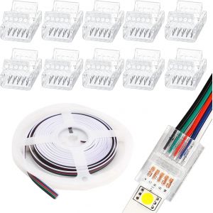 Kalanka-Lot De 10 Connecteurs De Bande Led 5 Broches 12 Mm Sans Soudure Avec Fil Led De 5 M Cc 12 V Pour Bande Lumineuse Led Rgbw Rgbww &Eacute;tanche Ou Non &Eacute;tanche De 12 Mm De Large - Neuf