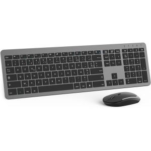 KALANKA-Ensemble Clavier et Souris sans Fil Silencieux, Clavier Ultra-Fin Complet, Pavé Numérique, avec Protection en Silicone, pour PC/Ordinateur Portable/Smart TV, Disposition AZERTY (Gris) - Neuf