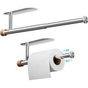 MEVRONISSHOP-porte essuie-tout extensible, [Accents esthétiques en bois] porte-rouleau de papier toilette auto-adhésif/perçage, support mural pour essuie-tout, porte-serviettes en papier(Argent métal - Neuf
