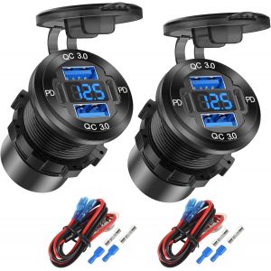 2 Packs 4 Port Prise Usb 12V Chargeur En Aluminium, 78W Dual Pd & Qc Multiple U-S-B Port For Car, Remplacement L'Allume-Cigarette Usb C Prise 12 Volts Avec Voltm&egrave;tre &Eacute;tanche Pour Marine Bateau Moto - Neuf