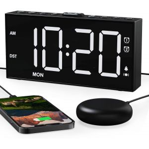 ERYI-Réveil Numérique Pour Sourd&Malentendant&Gros Dormeur, Super Bruyant Avec Vibrateur, Mode Jours Ouvrables/Week-End, 7.5"" Digital Led Grand Écran 12/24H, Snooze, Dst, Usb Chargeur, Blanc - Neuf
