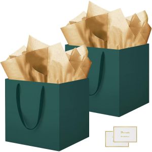 11.8"" Sac Cadeau, 2 Pièces Papier Emballage Cadeau Anniversaire, Carré Pochette Cadeau Ggrand Format Enfant 30 * 30 * 30cm Avec 2 Cartes 2 Mouchoirs Pour Fête D'anniversaire Vert - Neuf