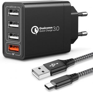 Cmjaagur-Quick Charge 3.0 Chargeur Mobile Mural Usb Avec Câble Type C 30 W 4 Ports Avec Secteur Usb Charge Rapide Pour Samsung Galaxy S10e/S9/S8/Note8, Huawei P20, Xiaomi(Noir)[M721] - Neuf