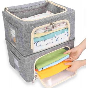 Yemaesre-Boite De Rangement Tissu Pliable Avec Cadre En Métal Fermetures Et Glissière, Petit Boite Rangement Avec Portes Transparentes, Cube Boîte De Rangement Pour Armoire De Rangement Vetement(Gris - Neuf