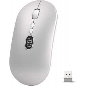 Souris Sans Fil Rechargeable Silence Click Wireless Mouse 2.4G Ultra Mince Souris Ergonomic 1600 DPI avec R&eacute;cepteur USB & &Eacute;cran D'affichage De la Batterie pour Ordinateur/Portable/MacBook - Argent - Neuf