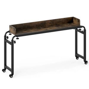 Bureau &agrave; roulettes mobile ajustable 135,5-206 x 40 x 73,5-102,5 cm avec large plateau fonctionnel style industriel en bois manufactur&eacute; brun rustique Helloshop26 20_0010950 - Neuf