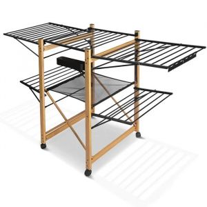 VOUNOT&reg; S&eacute;choir &agrave; linge pliable avec maille - &eacute;tendoir mobile extensible - L180 x l61 x H105cm - acier inox - style bois noir - Neuf