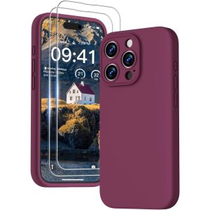 3 En 1 Coque Iphone 15 Pro Max Silicone Liquide Avec 2 Verre Trempé, Étui Protection Précise De Caméra [Résistant Aux Rayures] [Antidérapant] Iphone 15 Pro Max Case 6.7"", Vin Rouge - Neuf
