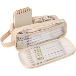 jum-Trousse &Agrave; Crayons En Pvc De Grande Capacit&eacute; Double Couche Trousse &Agrave; Crayons Esth&eacute;tique Trousse De Toilette Fournitures Scolaires Blanc - Neuf