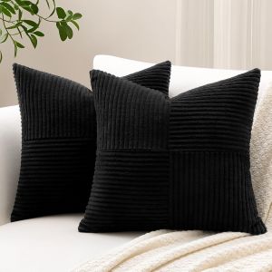 Kalanka-Lot De 2 Housse De Coussin 45x45 Cm En Velours C&ocirc;tel&eacute;, Housse Coussins Patchwork &Agrave; Rayures Crois&eacute;es Doux Taies D'oreiller D&eacute;coratives Pour Lit Canap&eacute; Chambre Salon, Noir - Neuf