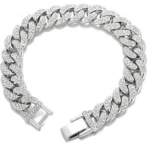 Titanium Steel Cuban Link Bracelet For Men Women Hip Hop Retro Vintage 13mm High Polished Silver With Cuban Cubic Zirconia - Neuf
