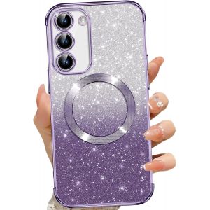 SJZG-Coque Magn&eacute;tique Pour Samsung Galaxy S23+, Etui &Agrave; Paillettes Compatible Avec Magsafe, Antichoc Charge Sans Fil Housse Pour Samsung S23 Plus 5G, Avec 2 Verre Tremp&eacute;, Pourpre - Neuf