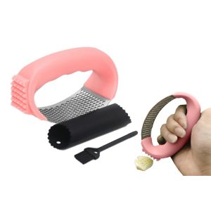 Presse-Ail En Acier Inoxydable Avec &Eacute;plucheur Et Brosse - Outil De Cuisine Rose - Neuf