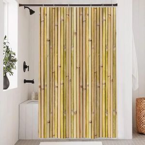 KAL-Rideau Douche Bambou, Rideau De Douche Anti Moisissure 120X200Cm Jaune Effet Bois Zen Rustique Rideaux De Baignoire Tissu Lavable Imperméable Polyester Rideaux Salle De Bain Avec 8 Crochets - Neuf