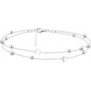 Kal-Beach Pearl Anklet Silver Lucky Bracelet De Cheville Pour Dames En Argent 925, Double Cha&icirc;ne Avec Boule, Longueur R&eacute;glable Anklet Chain Adjustable Foot Jewellery Women Girls - Neuf