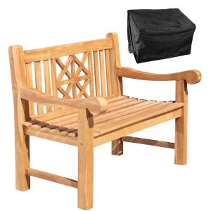 Banc De Jardin Dossier &Agrave; Croisillons 120 Cm En Bois De Teck Avec Accoudoirs Housse De Protection Incluse 10_0007988 - Neuf