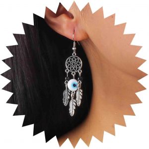 Kal-Boucles D'oreilles Boho Mauvais Oeil Boucles D'oreilles Goutte D'argent Attrape-R&ecirc;ves Boucles D'oreilles Pendantes Plume Feuille Vintage Boucles D'oreilles Bleu Mauvais Oeil Bijoux Pour - Neuf