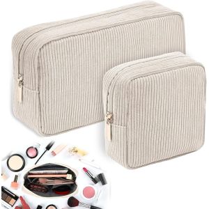 MAA-2Pcs Trousse Maquillage en Velours Côtelé, Trousse de Toilette Femme, Trousse Beige avec Compartiments, Trousse De Maquillage pour Makeup, Accessoires Bebe Ou Voyage (Beige) - Neuf